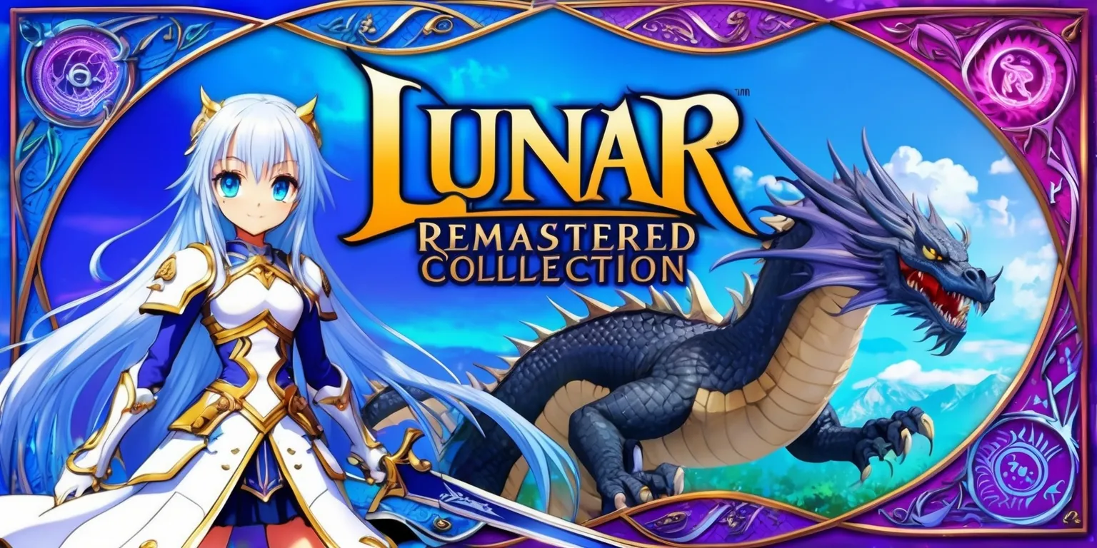 A colorful digital illustration of the Lunar Remastered Collection game, with a vibrant blue and purple background, featuring a beautiful anime-style female protagonist with long silver hair and bright blue eyes, wearing a white and gold armor set, holding a sword and standing in front of a massive dragon, with the game's logo prominently displayed in bold, golden font at the top of the image, surrounded by intricate, swirling patterns and mystical symbols, with a sense of adventure and fantasy emanating from the scene, and the title of the collection written in a elegant, cursive script at the bottom of the image.