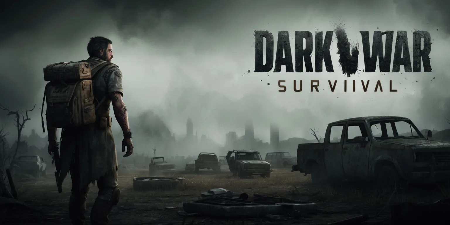 A haunting dark war survival game scene set in a desolate post-apocalyptic landscape with a somber atmosphere, dominated by muted earthy tones and eerie lighting, featuring a lone survivor in the distance with a determined expression, wearing tattered clothing and carrying a worn backpack, with a few scattered ruins and abandoned vehicles in the foreground, and a haunting misty fog rolling in the background, with a bold gritting font displaying the game title in a worn metallic texture, and a subtle distressed effect on the overall image to convey a sense of survival and grit.