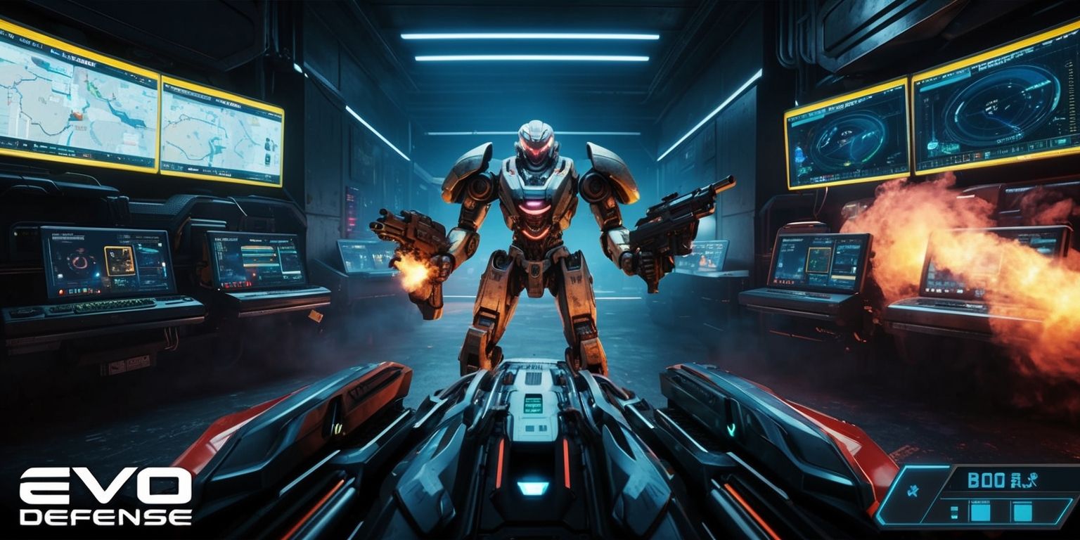 A futuristic sci-fi video game scene from Evo Defense, set in a dark and gritty urban environment with a mix of neon lights and sleek metallic surfaces, featuring a first-person perspective with a powerful robotic suit in the center, equipped with advanced weaponry and defensive systems, surrounded by a variety of high-tech machinery and computer screens displaying real-time data and maps, with a bold and vibrant color palette and a dynamic composition that emphasizes action and intensity, including subtle hints of smoke and fire effects to enhance the dramatic atmosphere, and a clear view of the game's logo and user interface elements, such as health bars and ammunition counters, in a modern and futuristic font style.