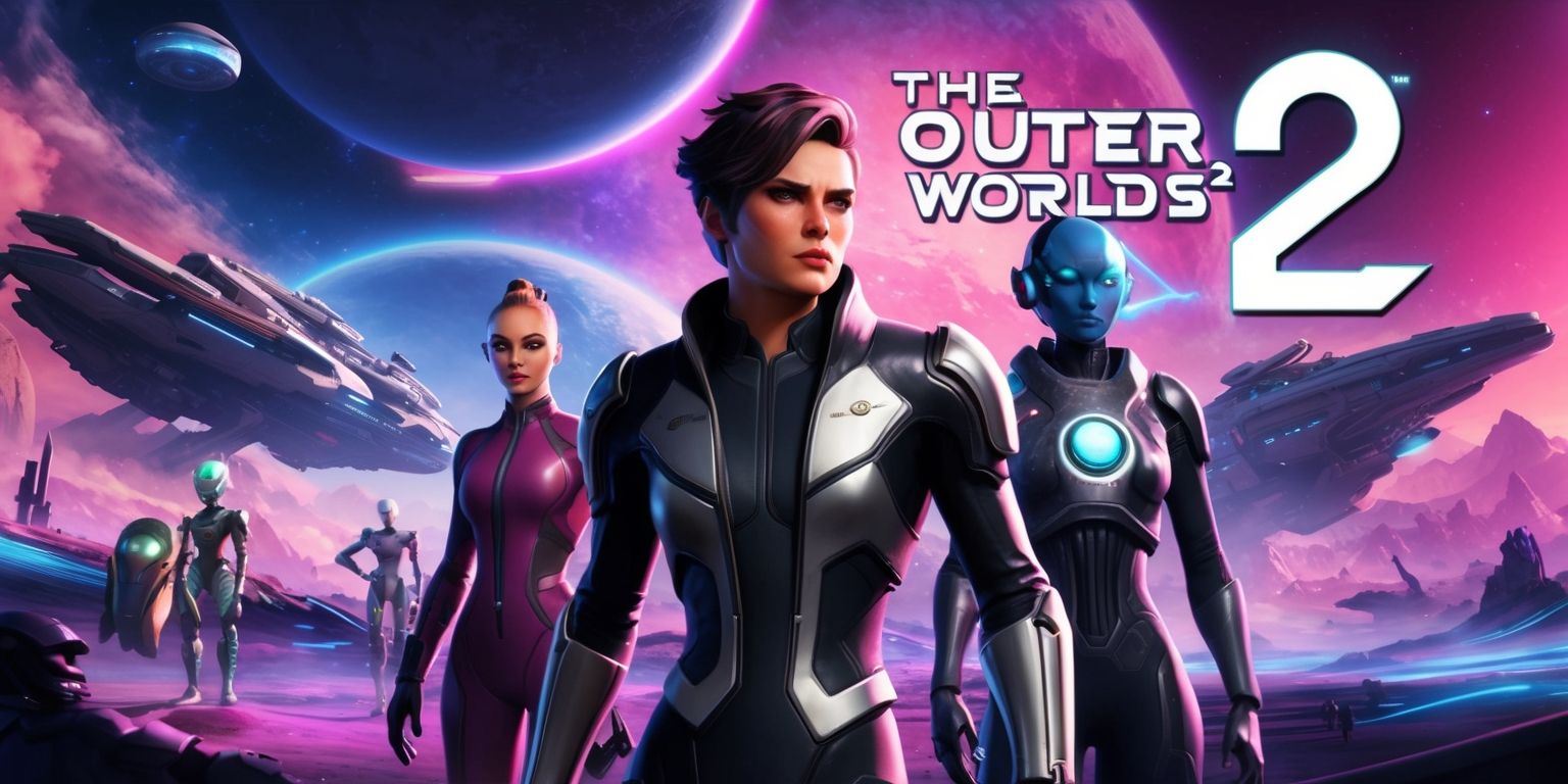 A futuristic sci-fi video game scene depicting the main characters and setting of The Outer Worlds 2, with a vibrant color palette and intricate details, set against a stunning intergalactic backdrop with planets and spaceships, featuring the game's protagonist, a skilled spacer, with a determined expression and unique facial features, wearing a sleek black and silver spacesuit, standing alongside other characters, including a humanoid robot and an alien species, with bold typography and the game's logo prominently displayed in a metallic font with a silver and blue hue, incorporating neon lights and atmospheric effects to create a sense of depth and immersion.