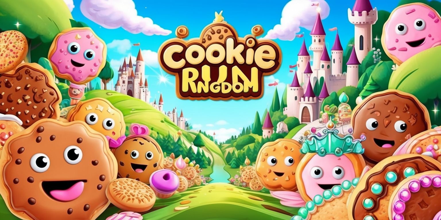 A vibrant and colorful digital illustration of the Cookie Run Kingdom game, featuring a variety of adorable cookie characters with distinct facial features and accessories, set against a whimsical kingdom backdrop with rolling hills, towering castles, and lush green trees, with a clear blue sky and fluffy white clouds, incorporating warm and inviting colors such as golden brown, pastel pink, and mint green, and showcasing intricate details like sparkling cookies, shimmering jewels, and ornate architectural elements, with a mix of bold lines, soft textures, and delicate patterns, and a sense of movement and energy, as if the cookies are about to come to life and start their adventures in the kingdom.