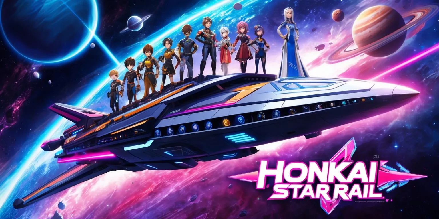 A vibrant sci-fi themed illustration of the Honkai Star Rail game, featuring a stunning spaceship soaring through a celestial backdrop of stars, planets, and galaxies, with a diverse cast of characters from the game standing proudly on its deck, each with unique facial features, skin colors, and intricate details on their outfits, set against a breathtaking cosmic landscape with shades of blue, purple, and pink, and accents of neon lights, with the game's logo prominently displayed in a bold, futuristic font, in a dynamic composition that showcases the game's sense of adventure and exploration, with the spaceship's sleek design and advanced technology taking center stage.