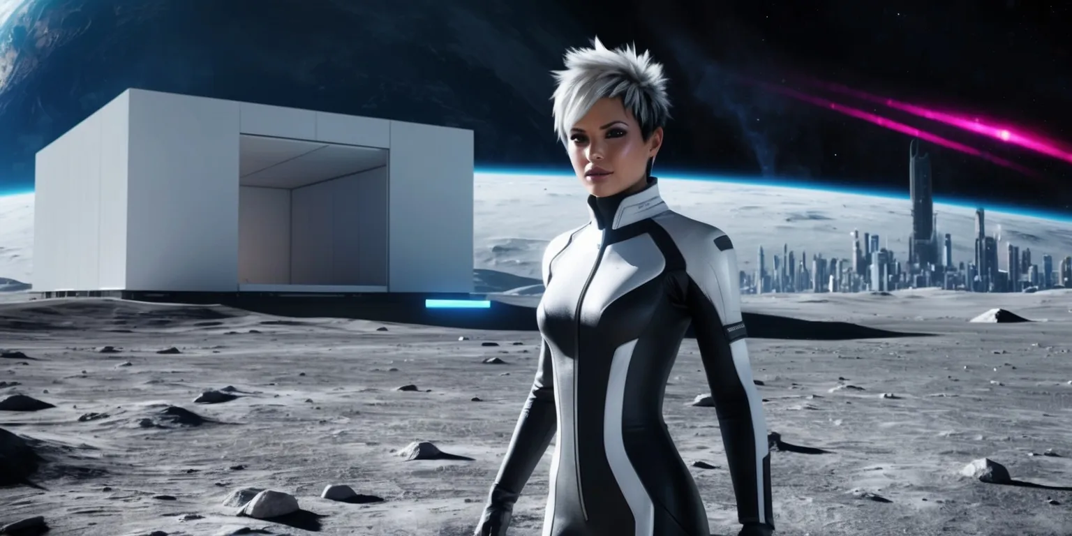 A futuristic sci-fi scene from the Pragmata game, featuring a woman with short spiky hair and a sleek black and white spacesuit, standing in a desolate lunar landscape with a massive empty white room in the background, surrounded by a cityscape on the moon's surface, with a blend of vibrant neon lights and dark shadows, and a hint of mystery and adventure, set against a stunning celestial backdrop with the earth visible in the distance, capturing the essence of the game's unique blend of exploration and discovery.