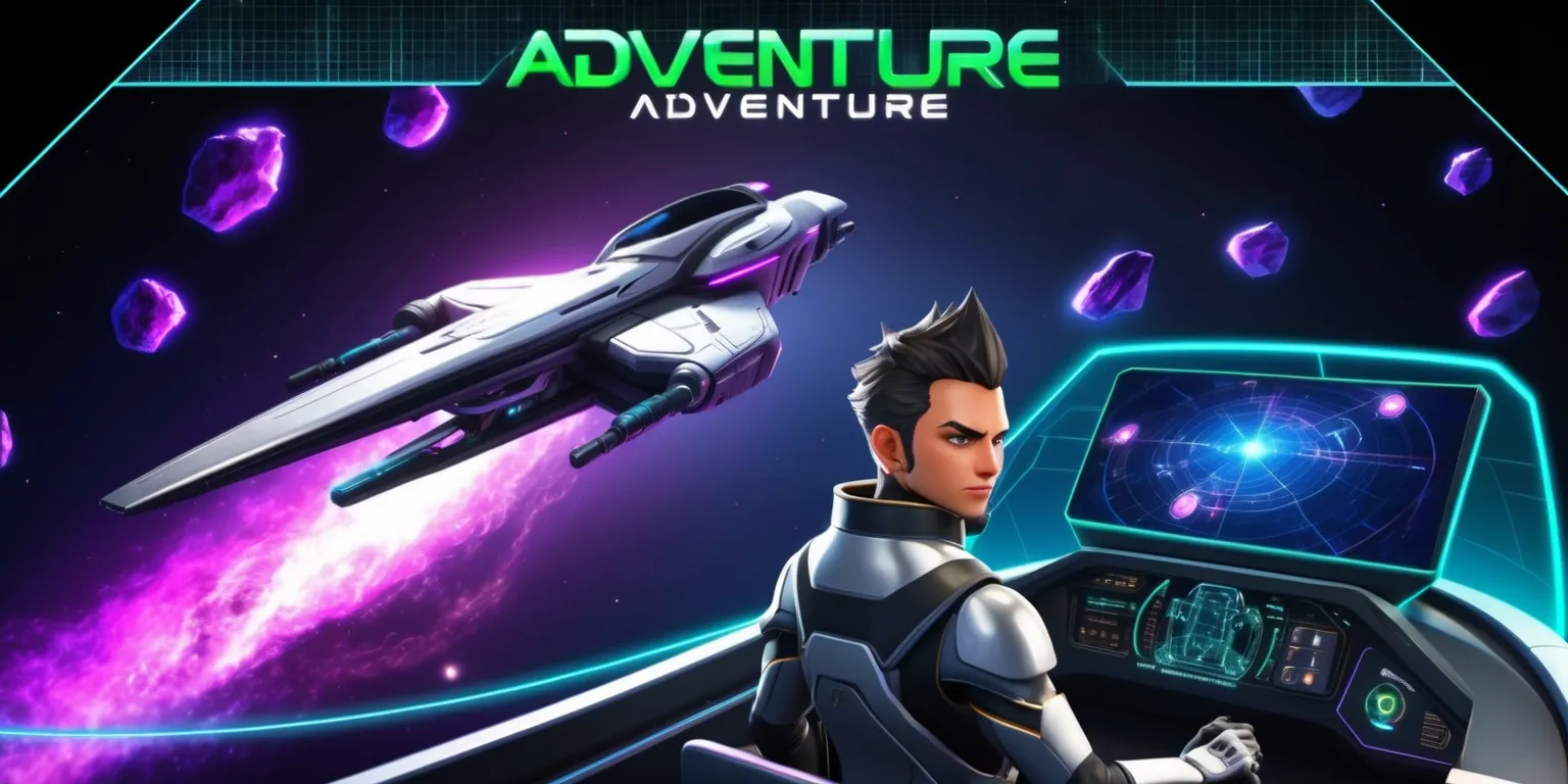 A futuristic adventure game scene with a sleek spaceship soaring through a vibrant purple and blue nebula, surrounded by glowing asteroids and stars, set against a dark gradient background, with a heroic pilot in a silver and black spacesuit standing at the cockpit, having short spiky hair and determined facial features, with a holographic display screen in front of them showing a 3D map of the galaxy, and a futuristic font displaying the game's title in bold neon green letters at the top of the screen, with a subtle grid pattern and lens flares adding to the overall sense of depth and sci-fi atmosphere.