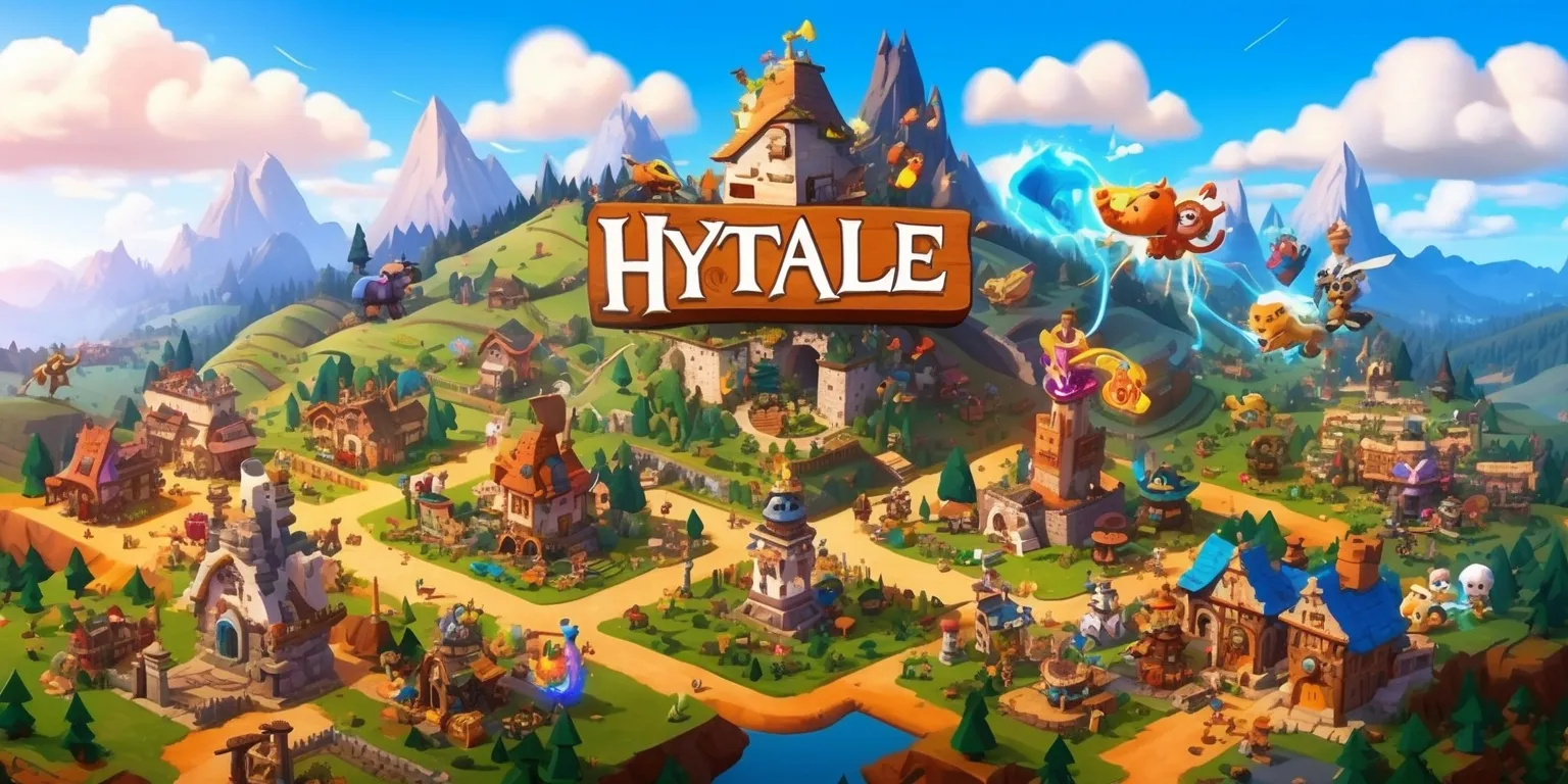 A vibrant digital artwork depicting the fantasy world of Hytale, with a mix of medieval and magical elements, featuring a sprawling landscape with rolling hills, dense forests, and towering mountains in the background, while in the foreground, a variety of characters and creatures from the game are engaged in different activities, such as building, exploring, and battling, with a warm and inviting color scheme, intricate details, and a sense of adventure and wonder, set against a clear blue sky with fluffy white clouds, and a subtle glow of magical energy emanating from the characters and environment, with a dynamic composition and a sense of movement and energy, showcasing the game's unique art style and imaginative world.