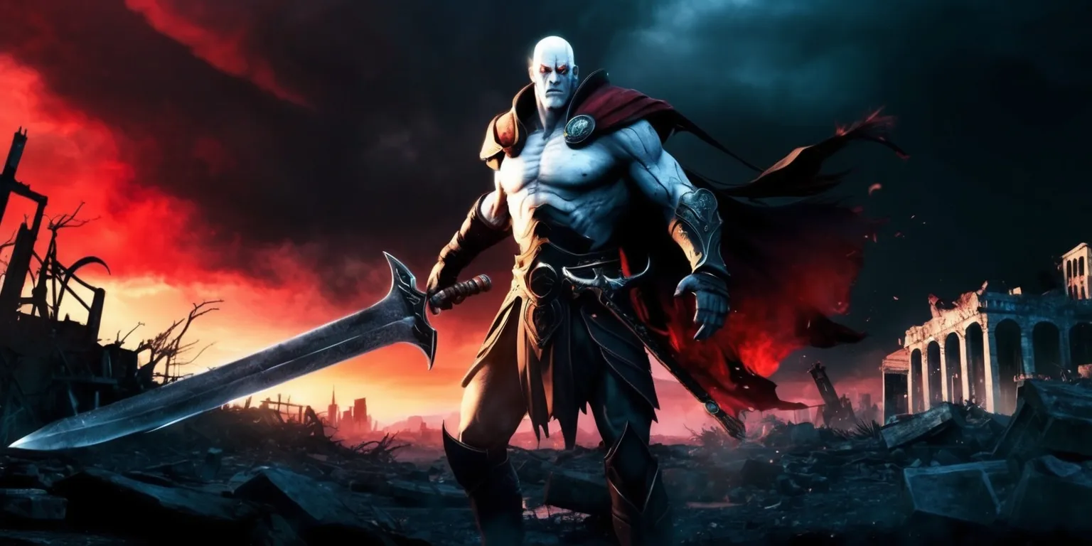 A dramatic scene from the Darksiders game, featuring the protagonist War, a muscular and imposing figure with pale skin and sharp facial features, wielding a large sword and standing amidst a desolate, post-apocalyptic landscape with ruins and destroyed buildings in the background, set against a dark and ominous sky with a hint of fiery red and orange hues, with a bold and gritty art style reminiscent of dark fantasy and comic book aesthetics, and a sense of intense action and drama, with War's face set in a determined expression, his eyes glowing with an otherworldly energy, and his sword at the ready, as if preparing to face a powerful enemy.