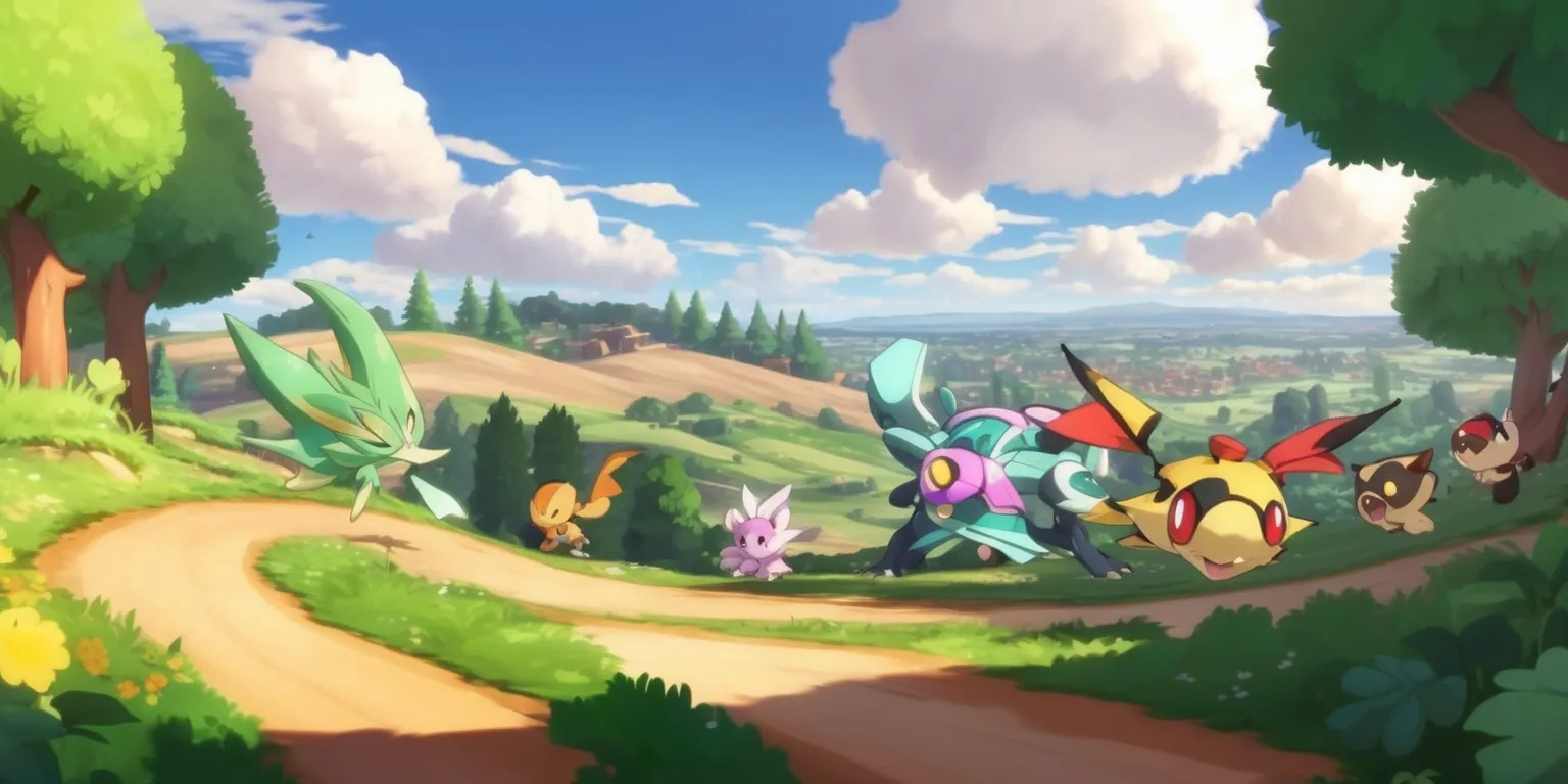 A scenic landscape from the Pokémon Legends: Z-A game featuring a dynamic side quest scene with a mix of lush green forests, rolling hills, and a vast open sky with a few puffy white clouds, set against a warm and inviting color palette with earthy tones, the Pokémon and characters are designed in a captivating anime style with vibrant colors, intricate details, and expressive facial features, the layout is framed by a few tall trees and a winding dirt path, with a glimpse of a distant village or town in the background, the atmosphere is filled with excitement and adventure, as if the characters are about to embark on a thrilling journey, with a sense of wonder and discovery.