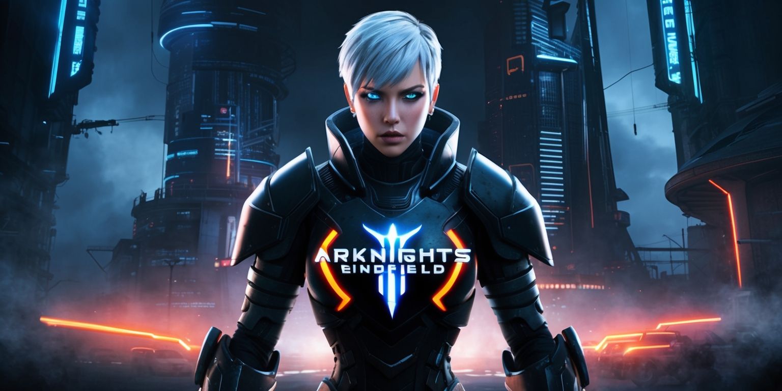 A futuristic and high-tech scenic overview of the Arknights Endfield game, with a cyborg character standing in the center, surrounded by a dark and gritty urban landscape, featuring neon lights and sleek skyscrapers, the character has short silver hair and piercing blue eyes, wearing a black and metallic armored suit, with a bold and striking logo of Arknights on their chest, the color palette is dominated by shades of blue and grey, with accents of bright orange and red, the scene is set at dusk with a hint of mist and fog, and the overall atmosphere is tense and ominous, with a sense of urgency and action, the character's facial expression is determined and strong, with a focus on their intense gaze.