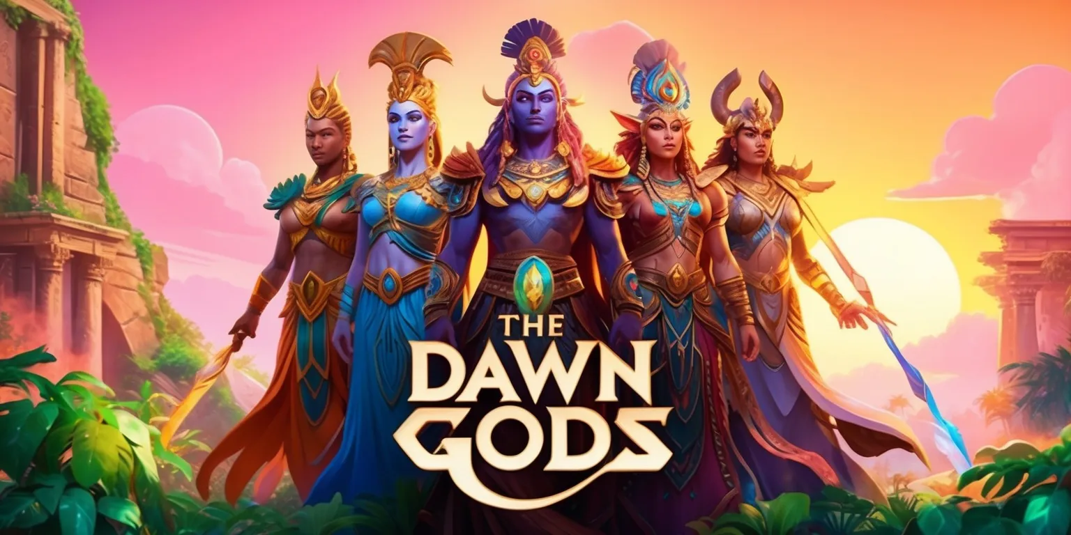 A vibrant digital illustration of a fantasy world from the Dawn Gods game, with a group of powerful deities standing together, set against a warm orange and pink sunrise backdrop, featuring intricate details and textures, with the gods having varied skin tones and unique facial features, adorned in elaborate attire and jewelry, surrounded by lush greenery and ancient ruins, with a subtle glow effect to represent their divine auras, and the game's logo subtly integrated into the scene in a bold, golden font with a stylized, curved shape.
