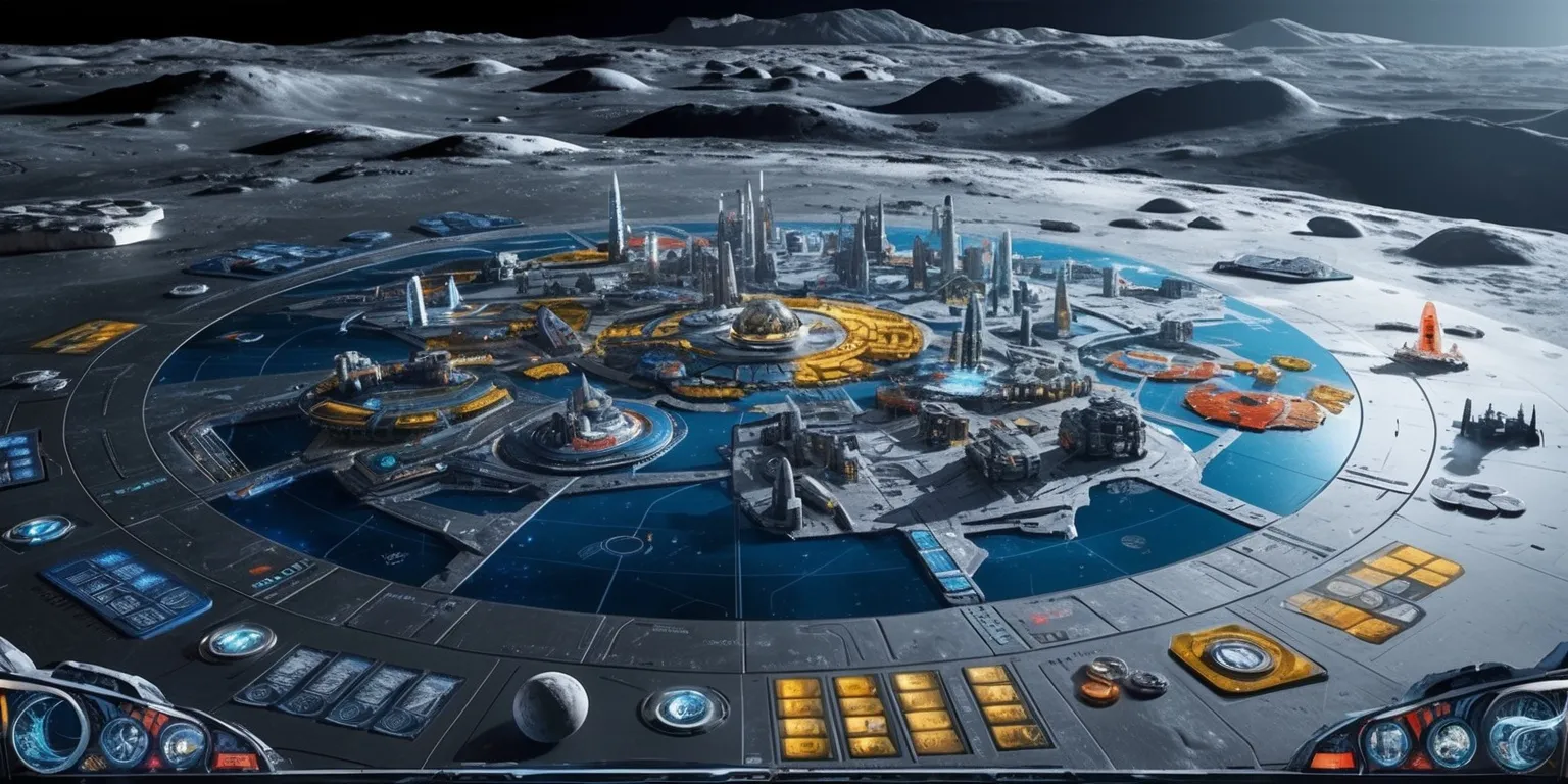 A visually stunning representation of the Lunar Metropolis board game, with a sprawling metropolis on the lunar surface, featuring intricate details and vibrant colors, the game board itself a mesmerizing blend of blues and grays, with various player tokens and game pieces scattered about, including spaceship models and lunar modules, the overall aesthetic is futuristic and sleek, with a sense of adventure and exploration, the colors are predominantly shades of silver, gray, and blue, with accents of bright red and yellow, the layout is complex and engaging, with multiple paths and routes for players to navigate, and in the background a stunning lunar landscape with craters and mountains stretching as far as the eye can see.