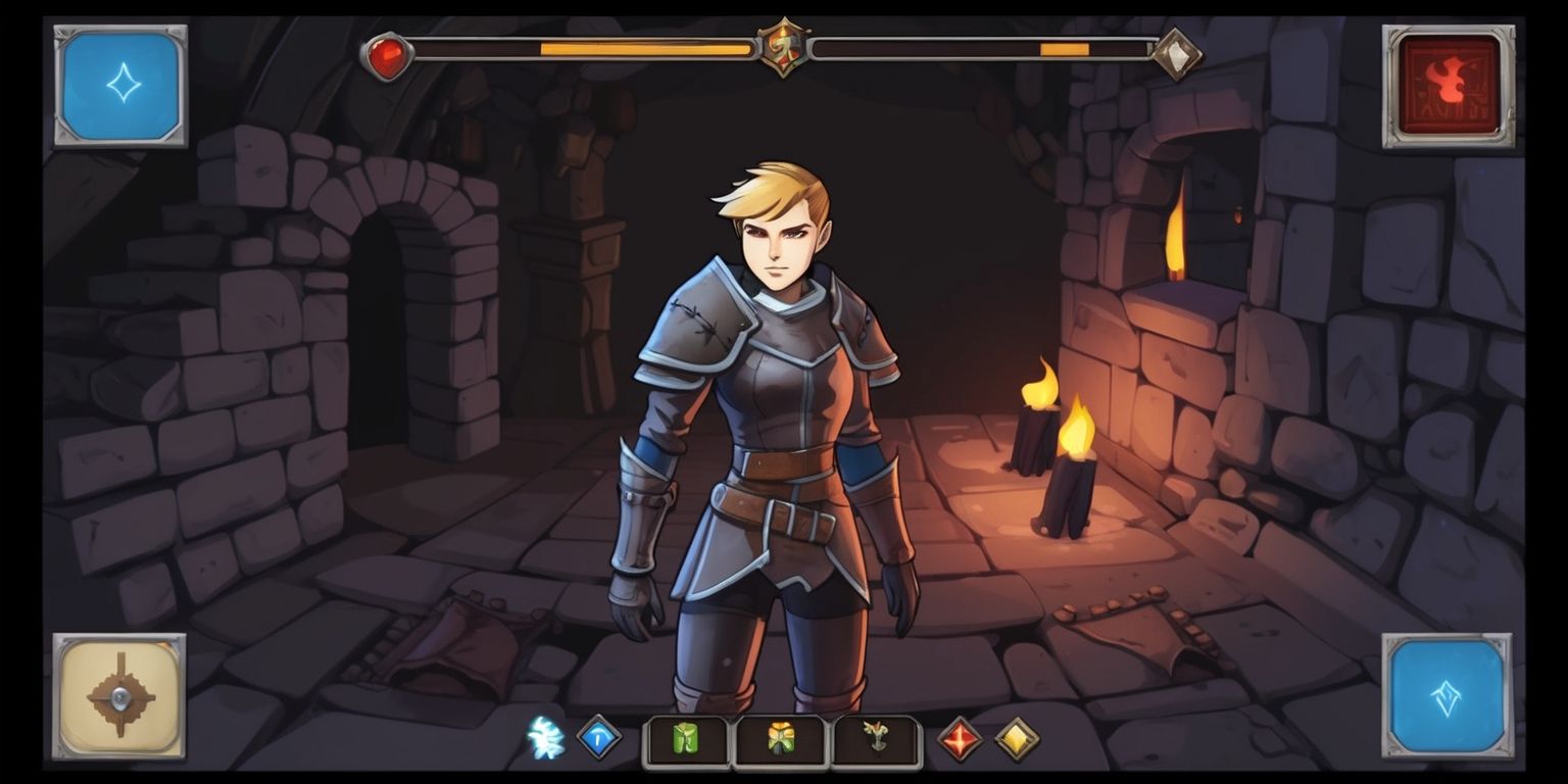 A mobile roguelike game screenshot with a dark fantasy theme, featuring a solo adventurer in the center, wearing a suit of leather armor, with a determined expression, sharp facial features, and a mix of brown and blonde hair, standing in a dimly lit dungeon with stone walls, torches, and a faint glow of magical runes, the game's user interface is minimalist with a health bar, a mini map, and skill buttons at the bottom of the screen, the color palette is dominated by shades of grey, brown, and crimson, with a dash of blue and purple accents, the layout is divided into sections with the game world taking up most of the screen, and the UI elements neatly arranged at the edges, the overall style is a blend of medieval and mystical elements, with intricate details and textures, and a sense of depth and atmosphere.