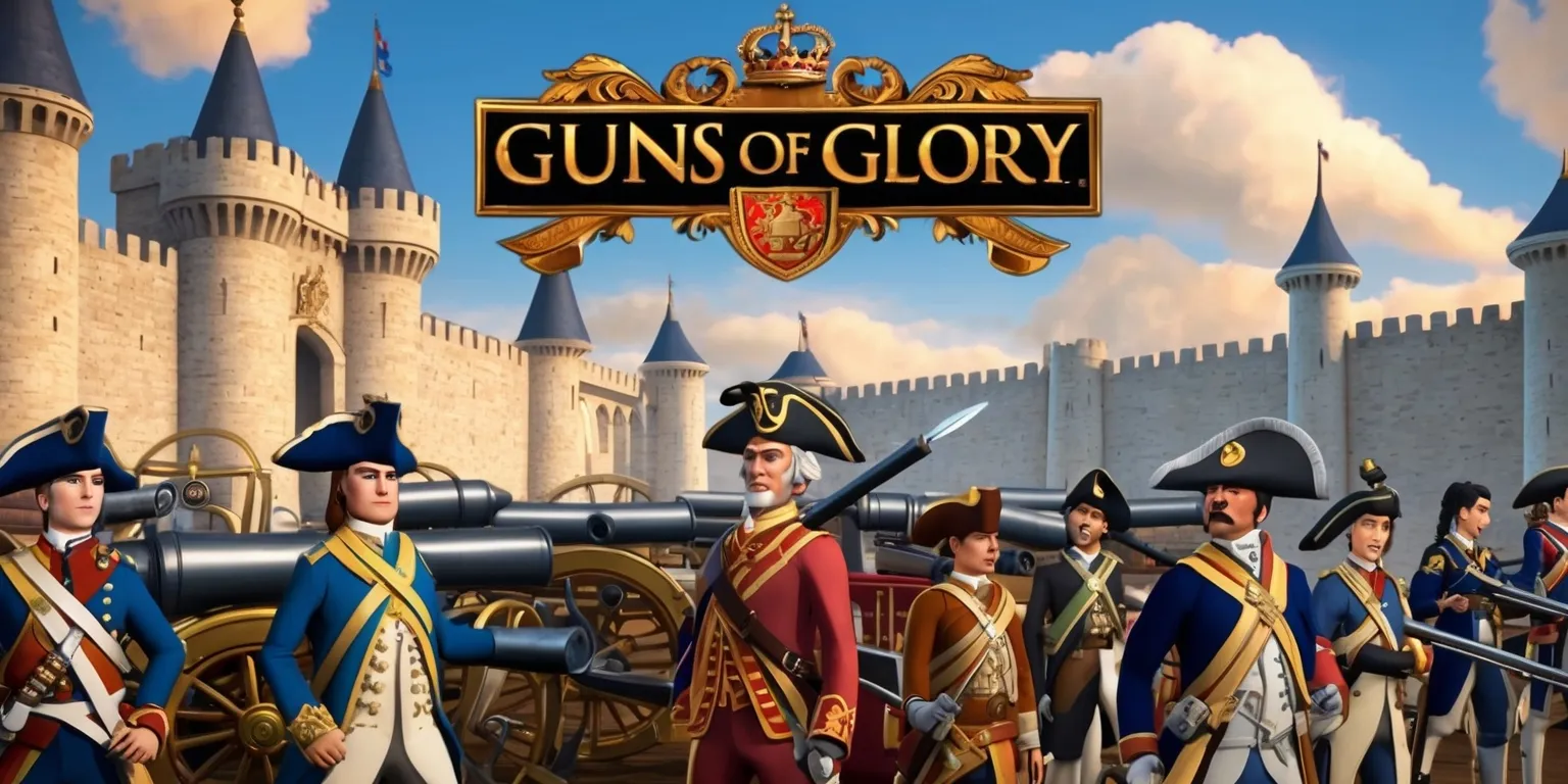 A medieval-themed game scene from Guns of Glory, featuring a majestic castle in the background with ornate stone walls and tall spires, set against a warm blue sky with puffy white clouds, with a variety of 18th century military characters and weaponry in the foreground, including cannons, rifles, and swords, with the characters having distinct facial features, varying skin colors, and unique attire, and the Guns of Glory logo prominently displayed in a bold, golden font with a regal crest above it, surrounded by intricate details and patterns, with the overall color palette being a mix of earthy tones, blues, and golds, and the style being a mix of realistic and slightly stylized, with a sense of drama and action.
