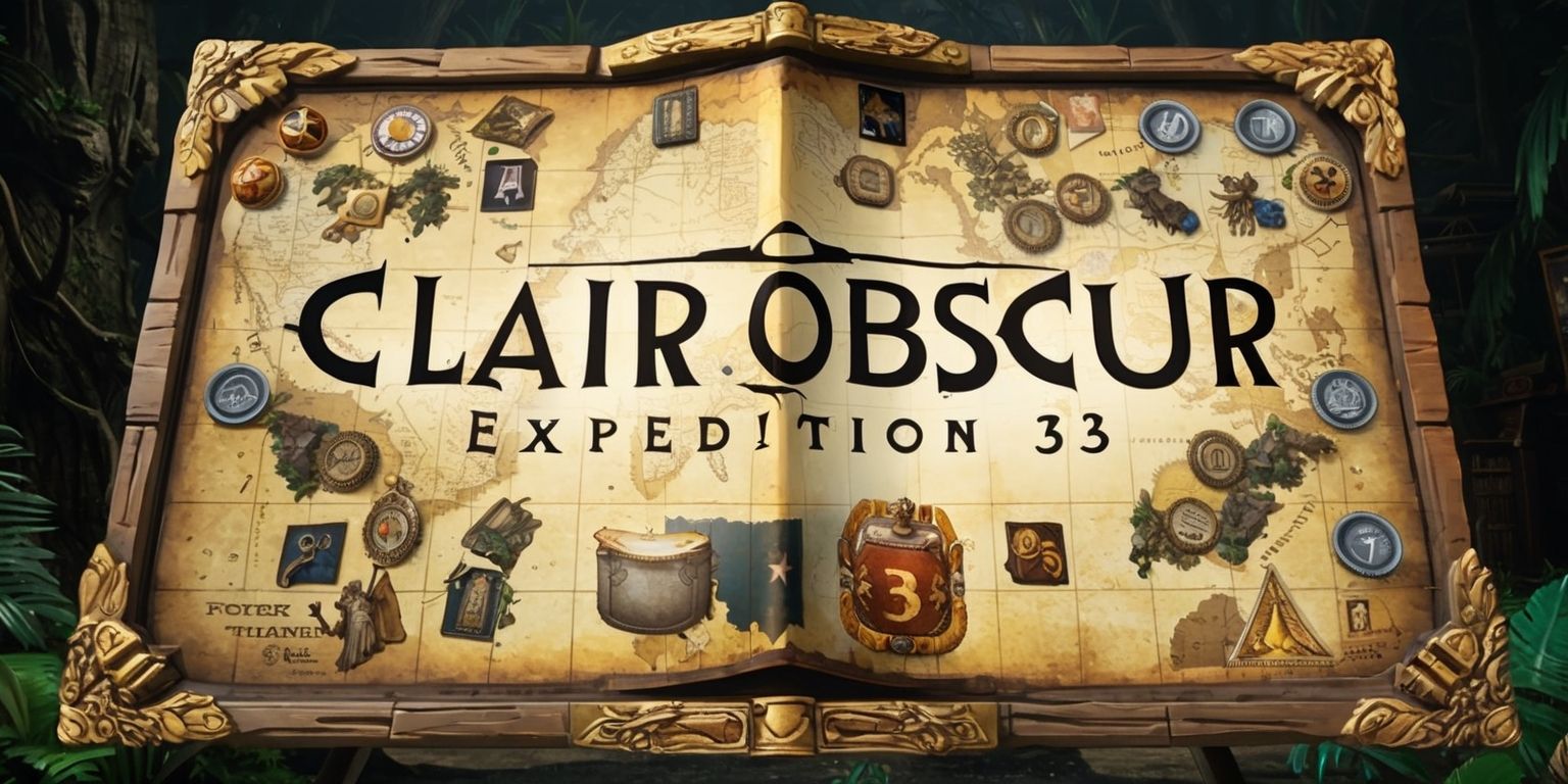 Clair Obscur: Expedition 33 game, a vintage-style board game with a large, folding game board set against a backdrop of mysterious, old-world maps and cryptic symbols, featuring a plethora of game pieces and player tokens in the shape of explorers, ancient artifacts, and arcane objects, with a dominant color scheme of earthy tones and golden accents, and title text in a bold, serif font with the words Clair Obscur in a curved line above Expedition 33 in a straight line below, all set within a ornate, wooden frame with intricate carvings of jungle foliage and forgotten ruins.