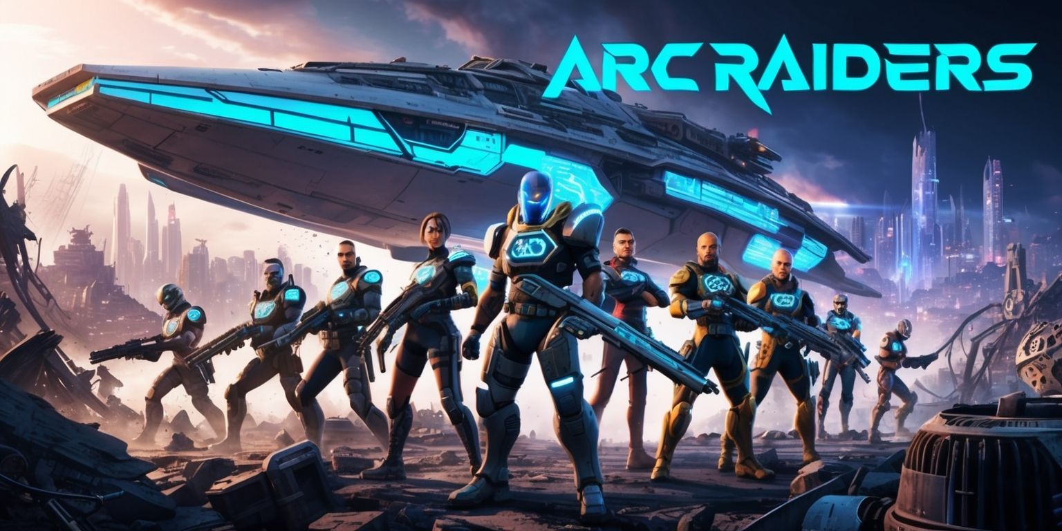 A sci-fi themed illustration of a futuristic scene from the Arc Raiders game, with a vibrant color palette and dynamic lighting, set against a backdrop of a ravaged earth with crumbling ruins and destroyed machinery, featuring a group of diverse raiders with unique facial features and skin colors, equipped with advanced armor and sleek guns, standing heroically in front of a massive alien ship with a metallic hull and glowing blue accents, surrounded by a sprawling metropolis in the distance with towering skyscrapers and neon lights, with the raiders' logos and insignia emblazoned on their armor in bold, metallic letters, and the game's title Arc Raiders emblazoned across the top of the image in a stylized, futuristic font with sharp edges and neon blue color.