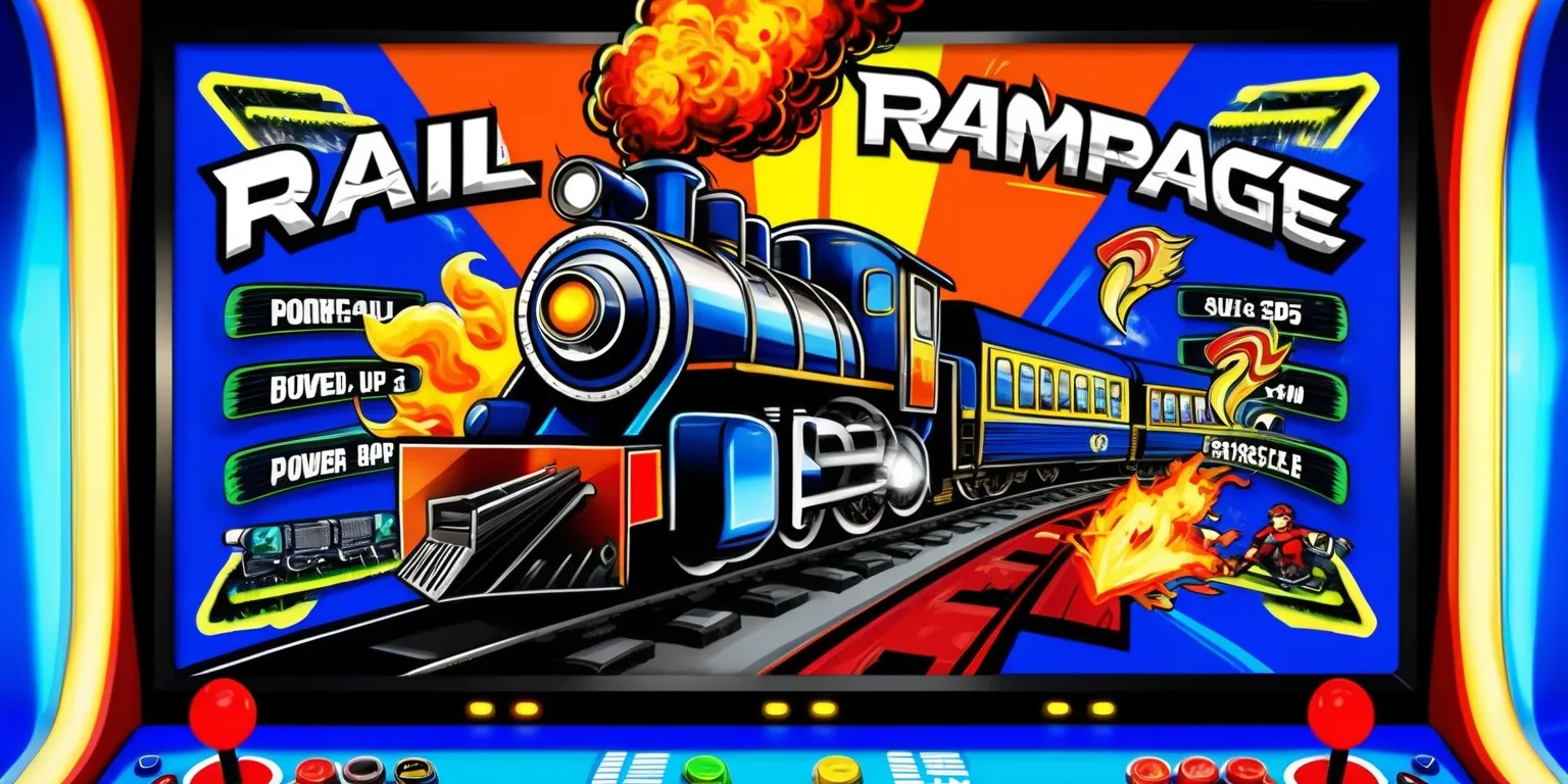 A colorful and vibrant illustration of the Rail Rampage arcade game, set against a bold and dynamic background with bright blues and oranges, featuring a central train speeding down the tracks, with animated flames and smoke billowing out of the locomotive, surrounded by detailed and stylized arcade game graphics, including power-ups, obstacles, and scrolling text in a futuristic and eye-catching font, with the game's logo prominently displayed in a sharp and modern style, with metallic silver and neon green accents, and a high-score display in a digital readout style, all framed by the classic arcade cabinet borders, complete with flashing buttons and a joystick, under a warm and inviting arcade lighting.