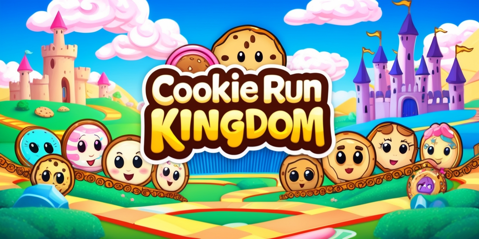 A vibrant and colorful digital illustration of the Cookie Run Kingdom game, featuring a variety of adorable cookie characters with distinct facial features and expressions, set against a lush and fantastical kingdom backdrop with rolling hills, towering castles, and winding pathways, with a bright blue sky and fluffy white clouds, and incorporating elements of the game's user interface, such as colorful icons, buttons, and menus, with bold lines, textures, and patterns, and a mix of warm and cool colors, including shades of pink, blue, yellow, and green, with the Cookie Run Kingdom logo prominently displayed in a bold, cursive font with golden lettering and a sweet, swirly design.