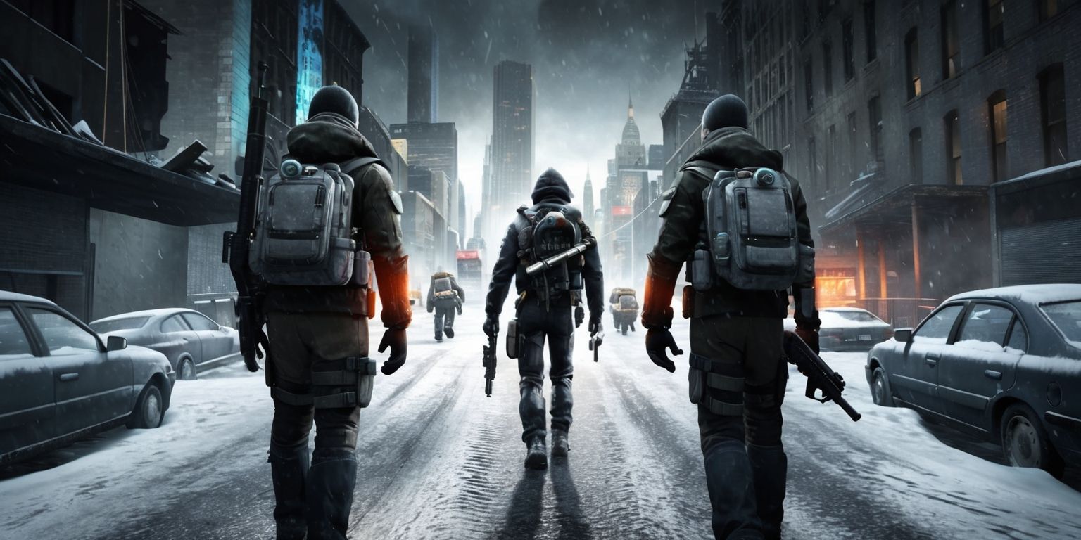 A dramatic scene from The Division game, set in a post-apocalyptic New York City, with a mix of dark and muted colors, featuring a male protagonist dressed in a tactical outfit, wearing a mask and carrying a rifle, standing in the middle of a snowy street, surrounded by destroyed buildings and abandoned cars, with a faint glow of neon lights in the distance, and a sense of desolation and urgency in the air, rendered in a realistic and gritty art style, with a focus on the protagonist's determined facial expression and the detailed textures of his gear and the environment.