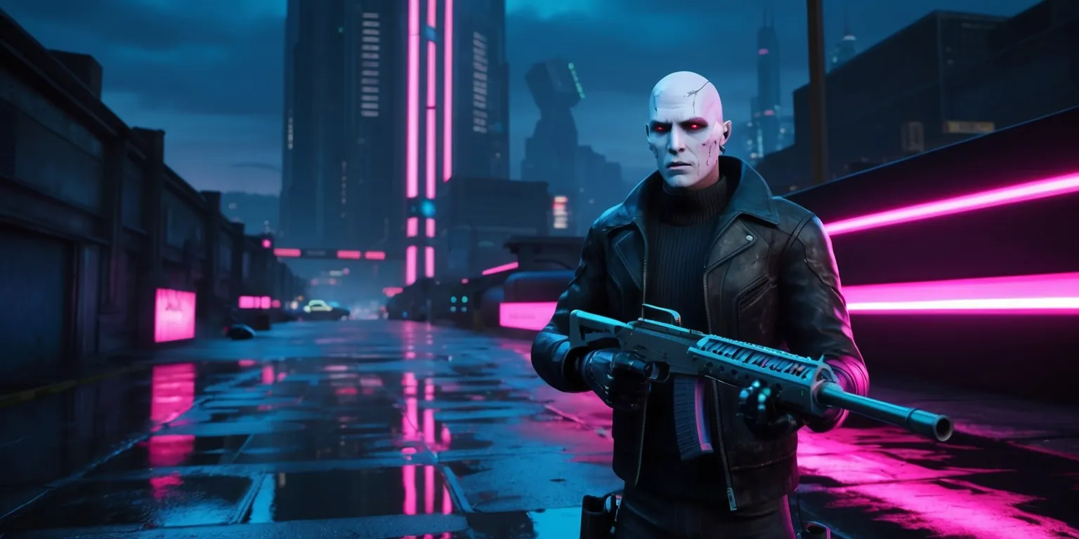 A futuristic video game scene from Raven2 with a dark and gritty atmosphere, set in a dystopian cityscape at dusk, featuring a lone cybernetic character with angular facial features and pale skin, wearing a black leather jacket and holding a futuristic rifle, with neon lights reflecting off wet pavement, and a massive skyscraper looming in the background, the color palette is predominantly dark blues and greys with touches of neon pink and green, the style is reminiscent of a sci-fi action game with bold lines and sharp textures, the layout is cinematic with the character centered and the cityscape stretching out to the edges of the frame.