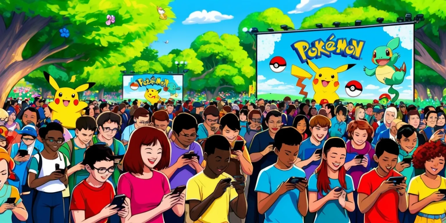 A vibrant and lively scene depicting a Pokémon Go event, with a diverse group of people of various ages, skin colors, and facial features, all eagerly staring at their mobile devices, set against a backdrop of a sunny park with lush green trees, colorful flowers, and a clear blue sky, featuring a variety of Pokémon characters, such as Pikachu, Charizard, and Squirtle, roaming around or projected on screens, with the Pokémon Go logo prominently displayed on a large banner, in a digital art style with bold lines, bright colors, and dynamic textures, capturing the excitement and joy of the event, with people smiling, laughing, and interacting with each other, as they play the game together, surrounded by the beauty of nature.