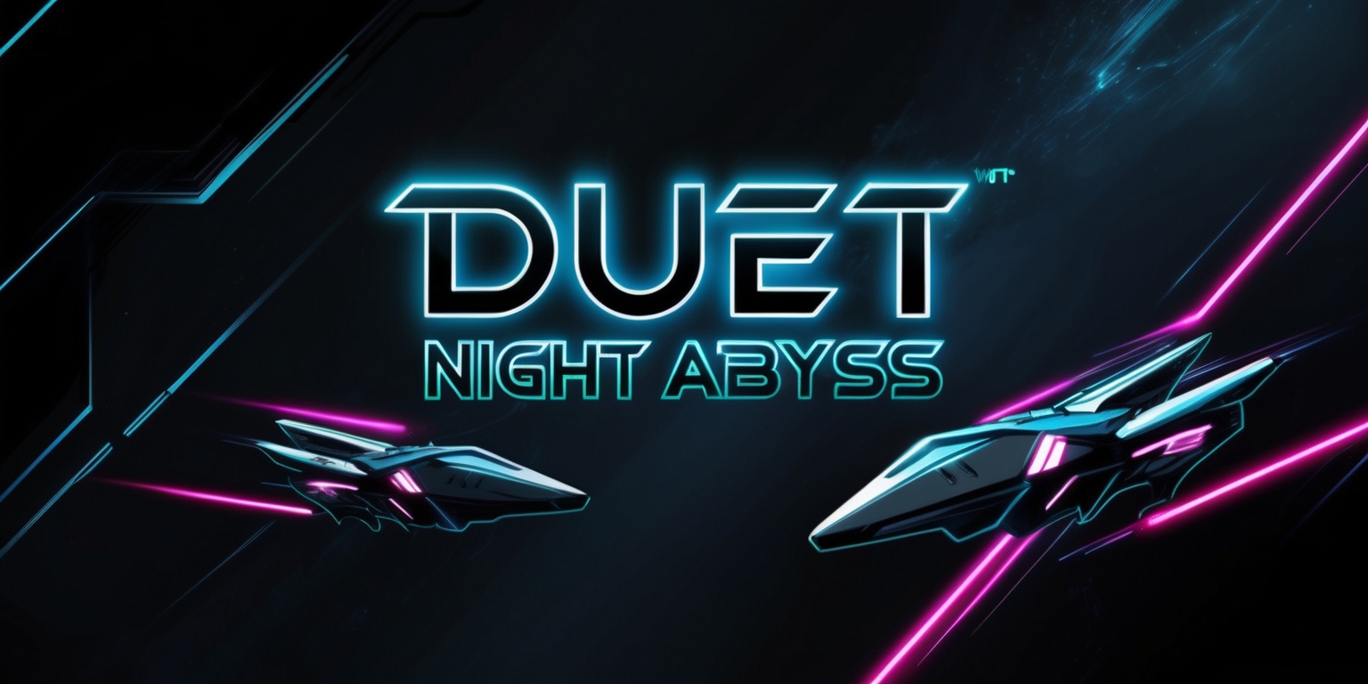A dark and mystical digital artwork depicting the game Duet Night Abyss, with a dominant black and dark blue color palette, accentuated by vibrant neon lines and shapes that evoke a sense of urgency and danger, set against a deep space or abyssal background with subtle gradient effects, the game's title in bold, metallic font with a futuristic style, possibly integrated into the artwork as a neon sign or a holographic display, with a duo of characters or spaceships in the foreground, their designs sleek and futuristic, with glowing accents that match the neon colors of the surrounding environment, the overall mood is one of intense action and survival in the depths of space or an abyss.