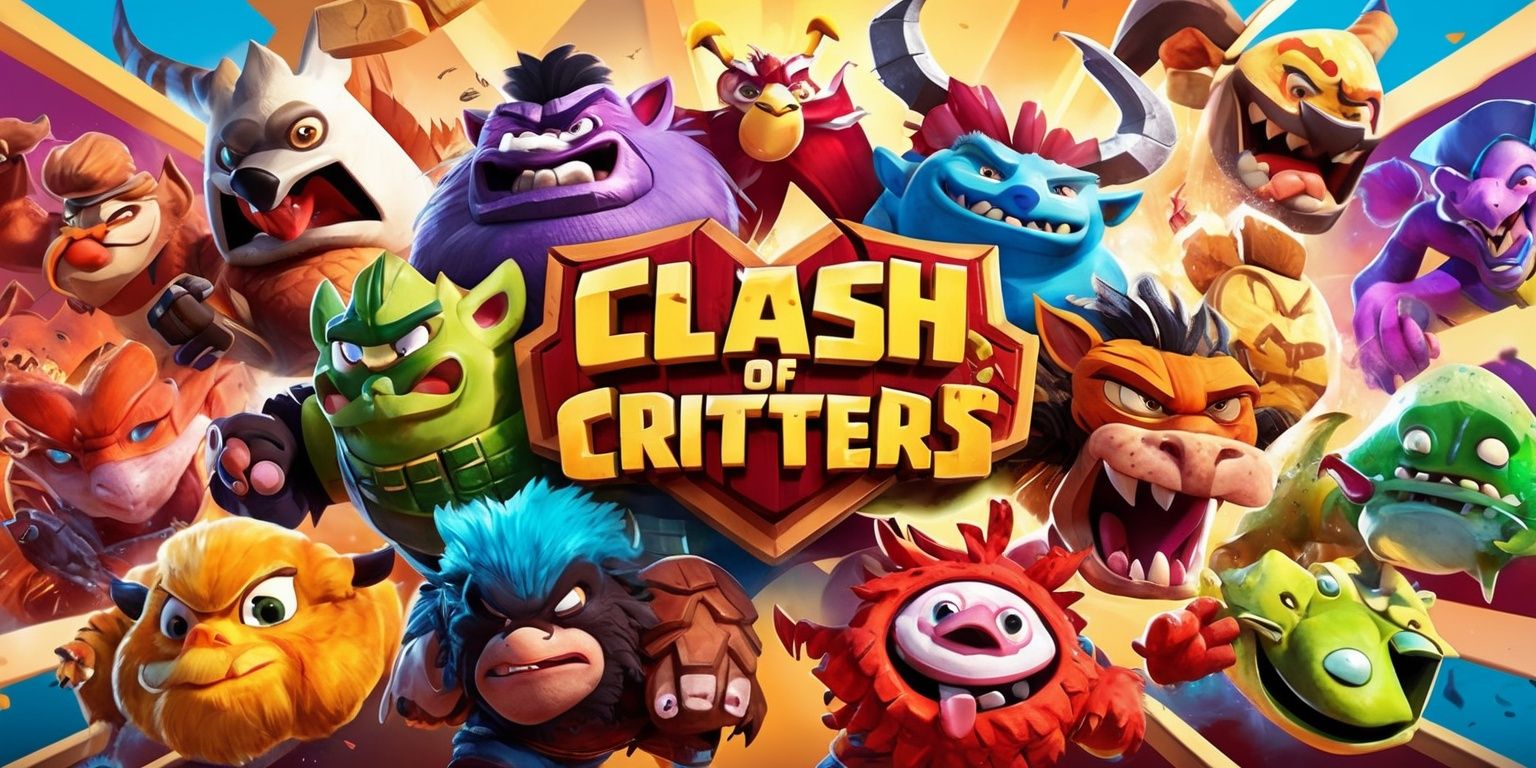 A vibrant and dynamic illustration of the Clash of Critters game, featuring a diverse array of colorful cartoon creatures, each with unique characteristics, textures, and expressions, set against a bold and lively background, with a mix of warm and cool colors, and a stylized game-inspired layout, incorporating iconic game elements, symbols, and typography, with creatures positioned in a dramatic and action-packed composition, showcasing their distinct personalities and abilities, and emphasizing the game's fun and competitive atmosphere.