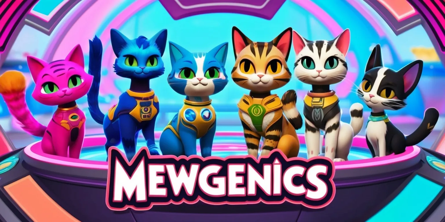 A digital illustration of a scene from the Mewgenics game, featuring a variety of cat characters with unique genetic traits, set against a colorful and vibrant background, with a mix of pastel and neon colors, and a futuristic style, with bold lines and intricate details, and a layout that showcases the cats' diverse appearances and abilities, with some cats having bright pink or blue fur, while others have distinctive patterns or markings, and a few having oversized eyes or ears, with a subtle glow effect to highlight their special features, and a blurred background to emphasize the cats' central role in the scene.