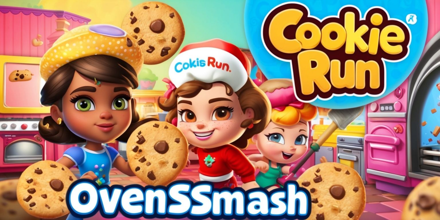 Cookie Run characters in a vibrant and colorful scene, with a focus on the OvenSmash game, featuring detailed and expressive facial features, various skin tones, and unique attributes, set against a warm and inviting background with a mix of pastel and bright colors, incorporating stylized text and logos in a bold and playful font, with the Cookie Run logo prominently displayed, and the OvenSmash game elements, such as cookies, ovens, and smashing hammers, showcased in a dynamic and energetic layout, with a sense of movement and action, and a overall style that is reminiscent of a fantasy cartoon, with intricate details and textures, and a clear emphasis on the fun and adventurous spirit of the game.