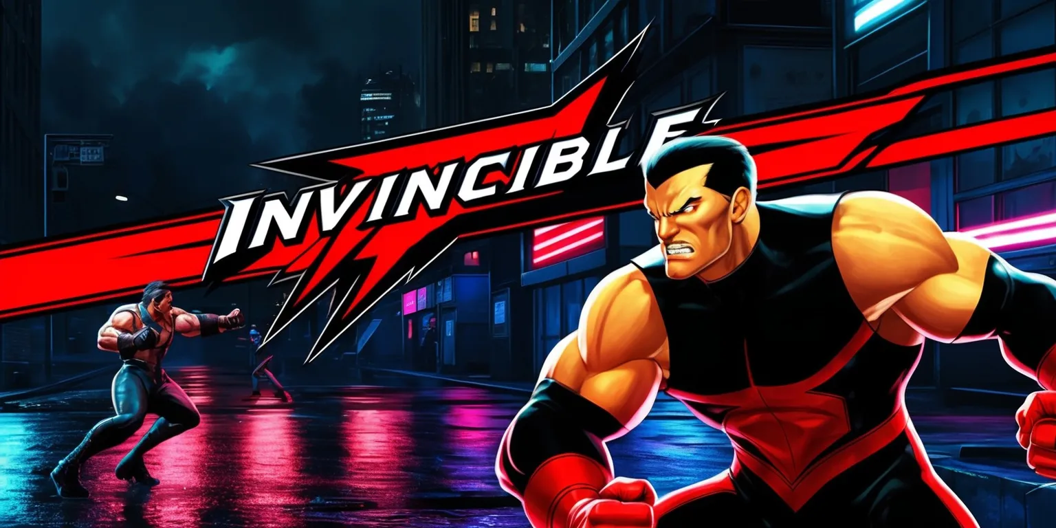 A dramatic illustration of a fighting game scene featuring Invincible, with a bold and dynamic layout, showcasing vibrant colors and intense action, the characters are set against a darkened cityscape backdrop with neon lights reflecting off the wet pavement, Invincible is depicted in the foreground with a fierce expression, muscular build, and a confident stance, his skin has a warm golden undertone, his eyes are a bright piercing blue, and his iconic costume is a sleek black and red full-body suit, his opponent is visible in the background with a rugged and menacing appearance, the game's logo is emblazoned across the top of the screen in a modern, edgy font with sharp lines and bold red color, the overall style is a mix of comic book and anime influences with sharp lines, exaggerated proportions, and dynamic movement lines.