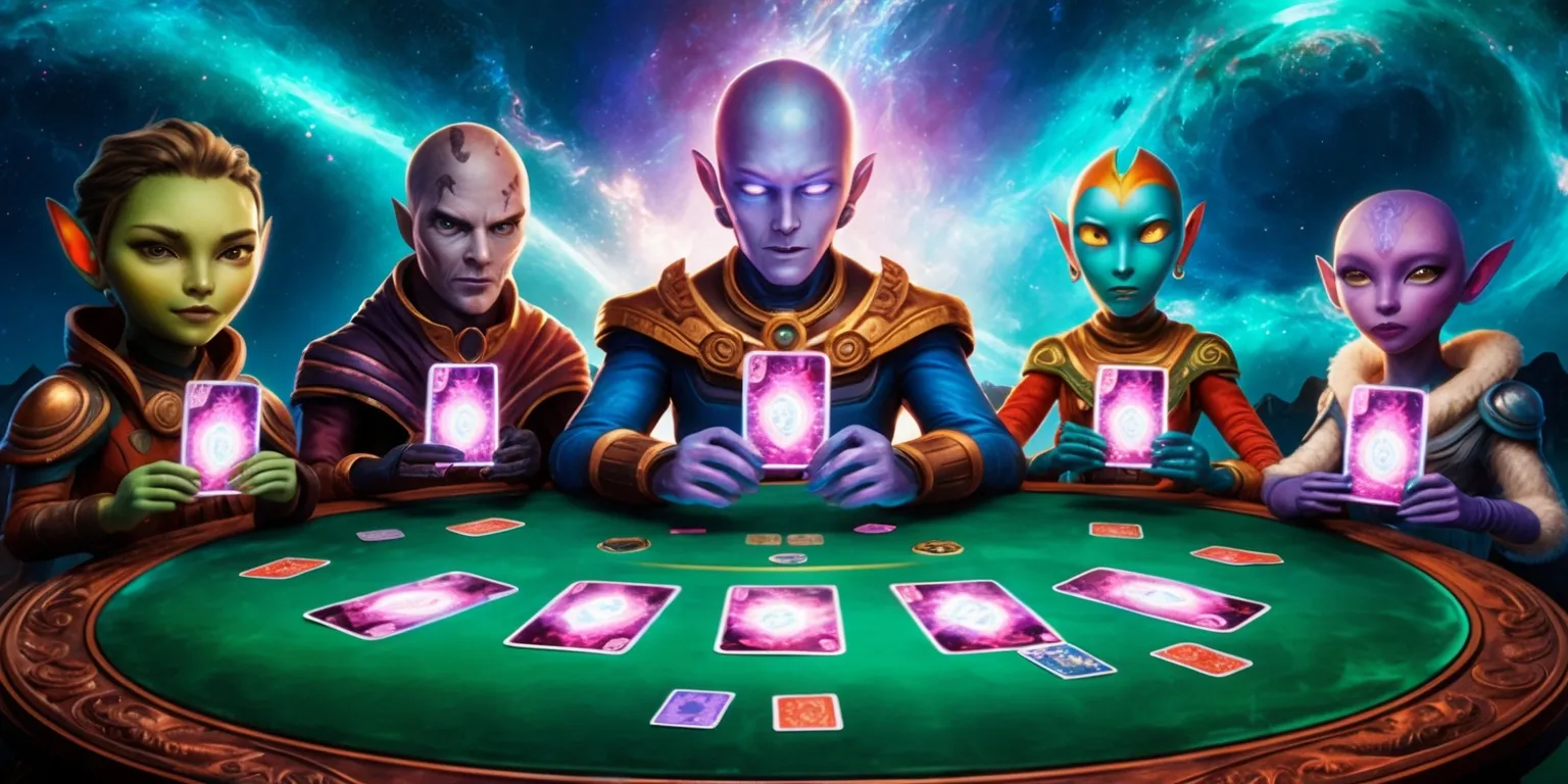 A vibrant cosmic card game scene featuring a large, ornate, wooden table with a velvet green surface, surrounded by five unique, futuristic, alien characters with distinct facial features, skin colors, and attributes, each holding a hand of glowing, iridescent cards with intricate, swirling patterns and symbols, set against a stunning, starry night sky backdrop with shimmering, turquoise galaxies and nebulae, the cards and table illuminated by a soft, ethereal glow, with a few cards scattered on the table, revealing hints of a magical, intergalactic card game in progress, the atmosphere filled with an air of excitement and mystique.