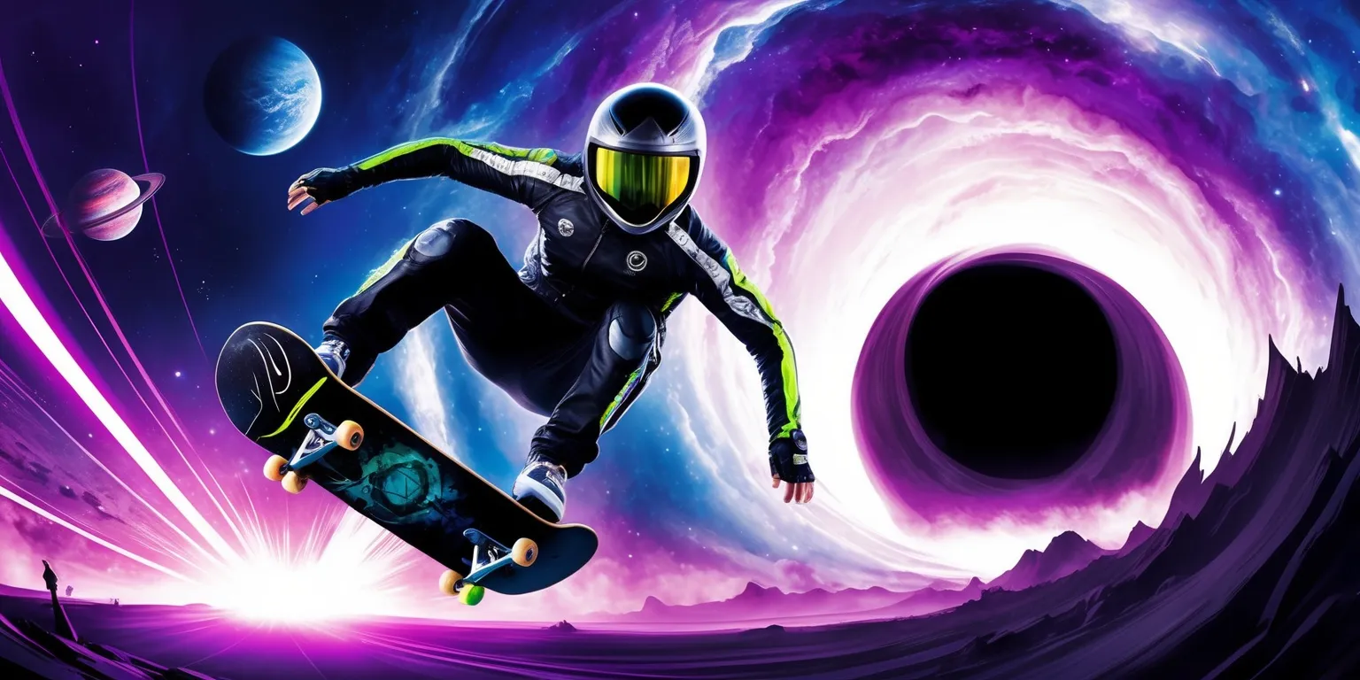 A futuristic galactic scene with a skateboarder in mid-air, performing a daring trick amidst a swirling nebula of vibrant purple and blue colors, with stars and planets visible in the background, the skateboarder wearing a sleek black and silver spacesuit with a distinctive helmet and neon green accents, their facial features obscured by a reflective visor, set against a dramatic cosmic landscape with a massive wormhole or black hole looming in the distance, the skateboard and rider illuminated by a burst of radiant light, with bold, dynamic lines and shapes evoking a sense of speed and energy, and a subtle gradient effect to convey depth and dimensionality.