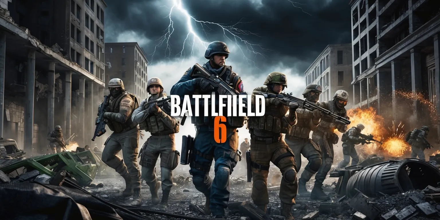 A dramatic and action-packed scene from the Battlefield 6 game, set in a war-torn cityscape with ruined buildings and debris-filled streets, featuring a group of soldiers with determined facial expressions, varying skin colors, and unique clothing and gear, with a mix of assault rifles and explosive equipment, under a dark and ominous sky with flashes of lightning and explosions, in a realistic and detailed graphic style with a focus on intense lighting and shadows, and a bold color palette with shades of gray, brown, and green, with the game's logo subtly integrated into the scene, possibly on a soldier's uniform or a destroyed vehicle, in a widescreen layout with a low-angle perspective, emphasizing the chaos and intensity of the battlefield.