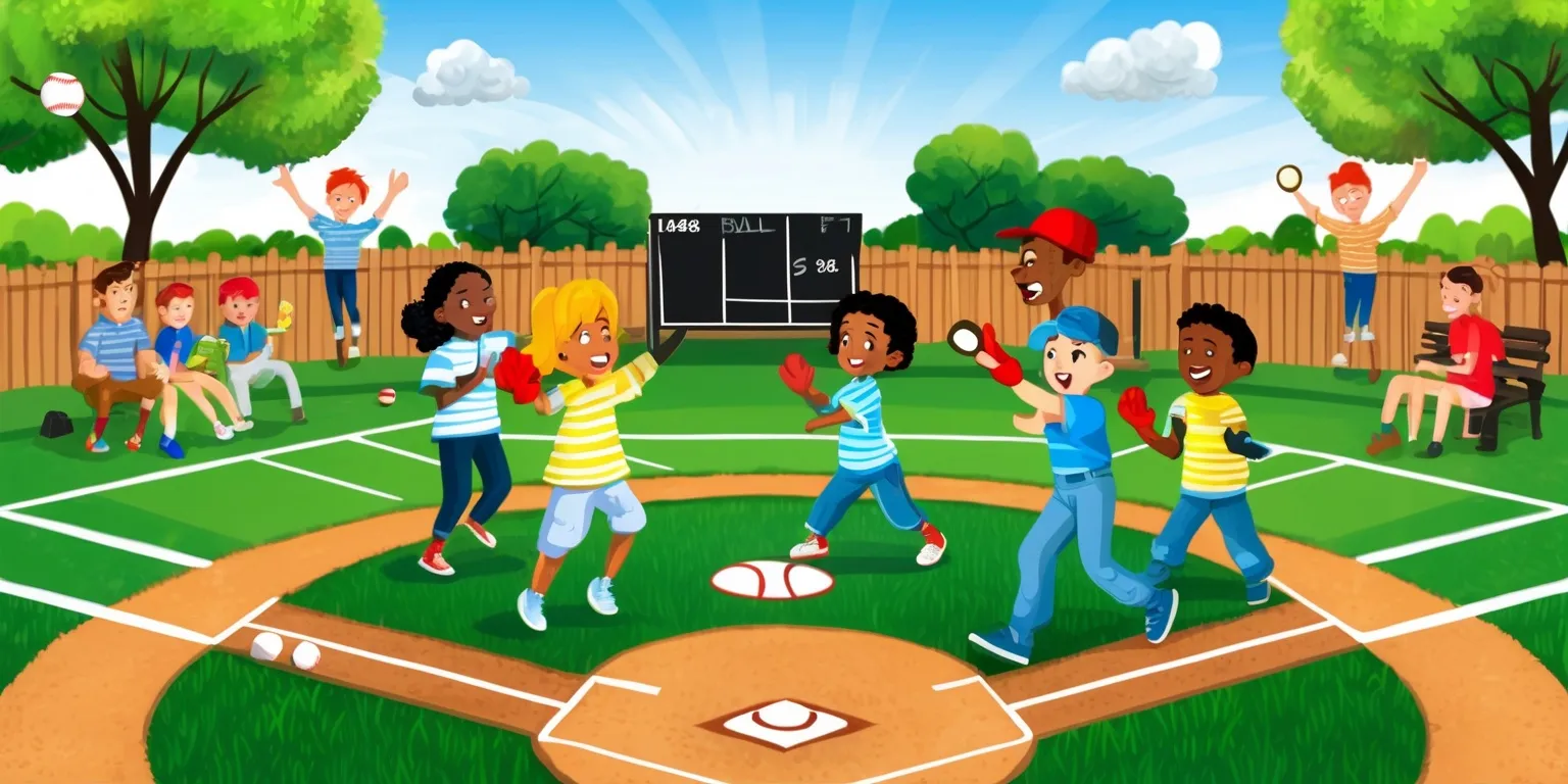 A sunny afternoon backyard baseball game with a lush green grass field, a wooden fence in the background, and a few trees surrounding the yard, children and adults of diverse skin colors and facial features, with excited expressions, playing baseball together, wearing casual summer clothing and baseball gloves, the baseball bat and ball are prominently visible, the scoreboard and baseball field lines are neatly marked, a few spectators are seated on a porch or standing near the fence, cheering and watching the game, with a clear blue sky and a few puffy white clouds above, the entire scene is full of energy and joy, capturing the essence of a fun and carefree summer day.