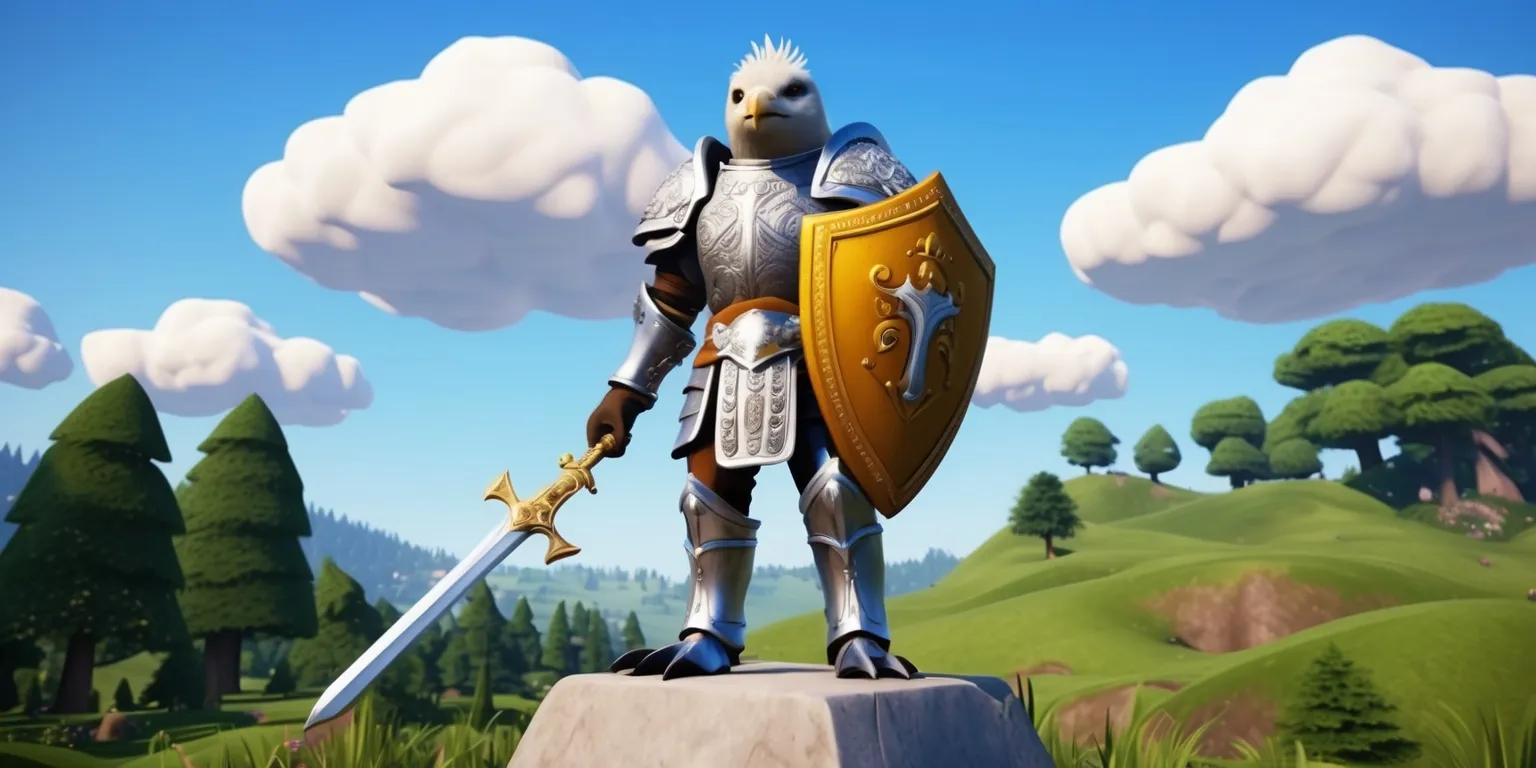 A fantasy seal character named SealM standing on a large stone cross in a medieval-inspired landscape, set in a massively multiplayer online role-playing game world, with SealM wearing a suit of shining silver armor adorned with intricate engravings, holding a sword in one hand and a shield emblazoned with a golden emblem in the other, surrounded by lush green forests and rolling hills under a clear blue sky with fluffy white clouds, with SealM having short spiky hair and piercing blue eyes, and a determined expression on their face, as they gaze out into the distance, ready for battle.