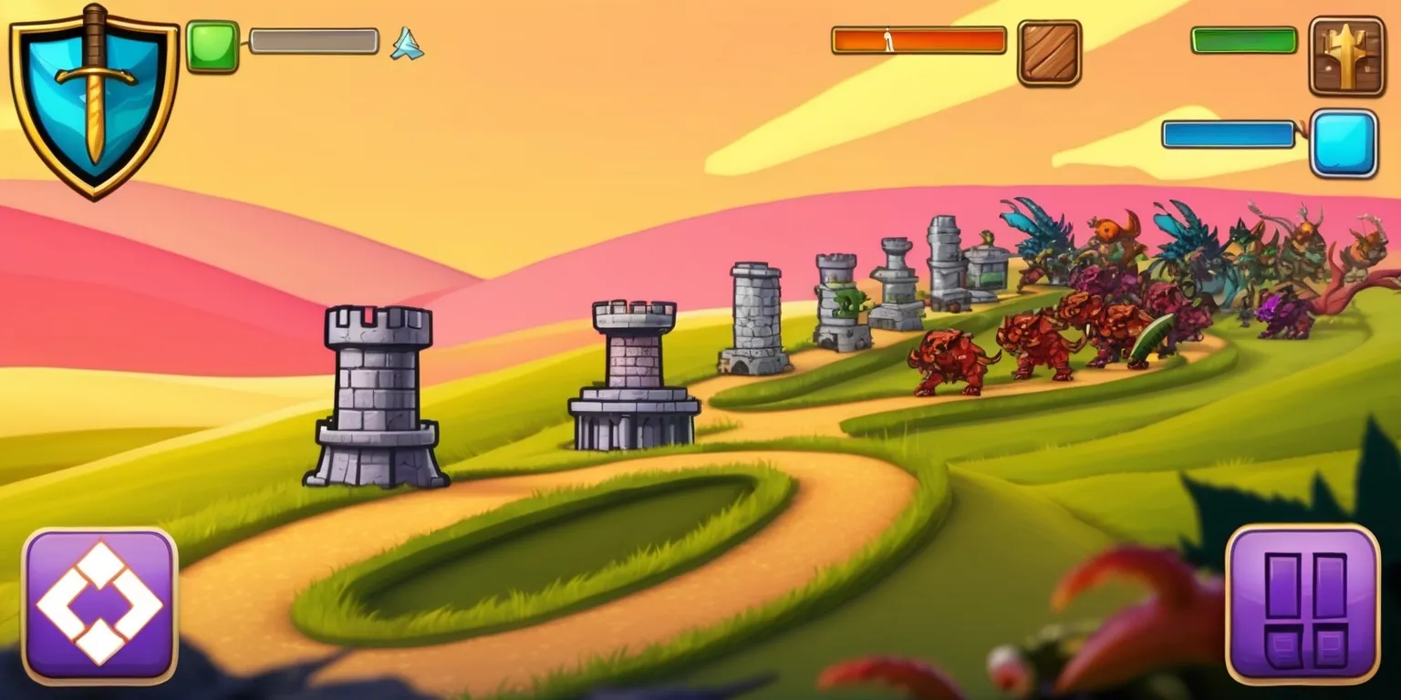 A fantasy-themed Strategic Tower Defense game scene with a medieval-style landscape, featuring rolling hills and a winding path, set against a warm sunset background with vibrant orange and pink hues, with towers of varying shapes and sizes, including cylindrical and square towers, placed strategically along the path, and a horde of diverse enemy creatures, such as goblins and dragons, approaching in the distance, with the game's user interface elements, including a mini-map and health bars, displayed in a stylish, modern font, with bold lines and bright colors, and the game's logo, a stylized shield with a sword, prominently displayed at the top of the screen.