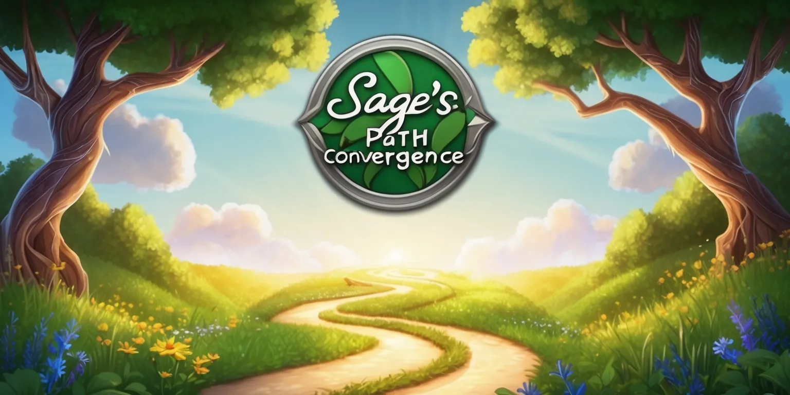 Sage's Path Convergence game scene with a serene atmosphere, warm golden lighting, and a blend of natural and mystical elements, featuring a winding path that converges at a central point, surrounded by lush greenery, vibrant wildflowers, and towering trees with intricate branching patterns, set against a soft, gradient blue sky with puffy white clouds, with the game's logo, a stylized, silver, circular emblem with an inscribed, cursive, sage green font, displayed prominently at the top, and a tagline, written in a clean, bold, dark brown font, along the bottom edge of the image.